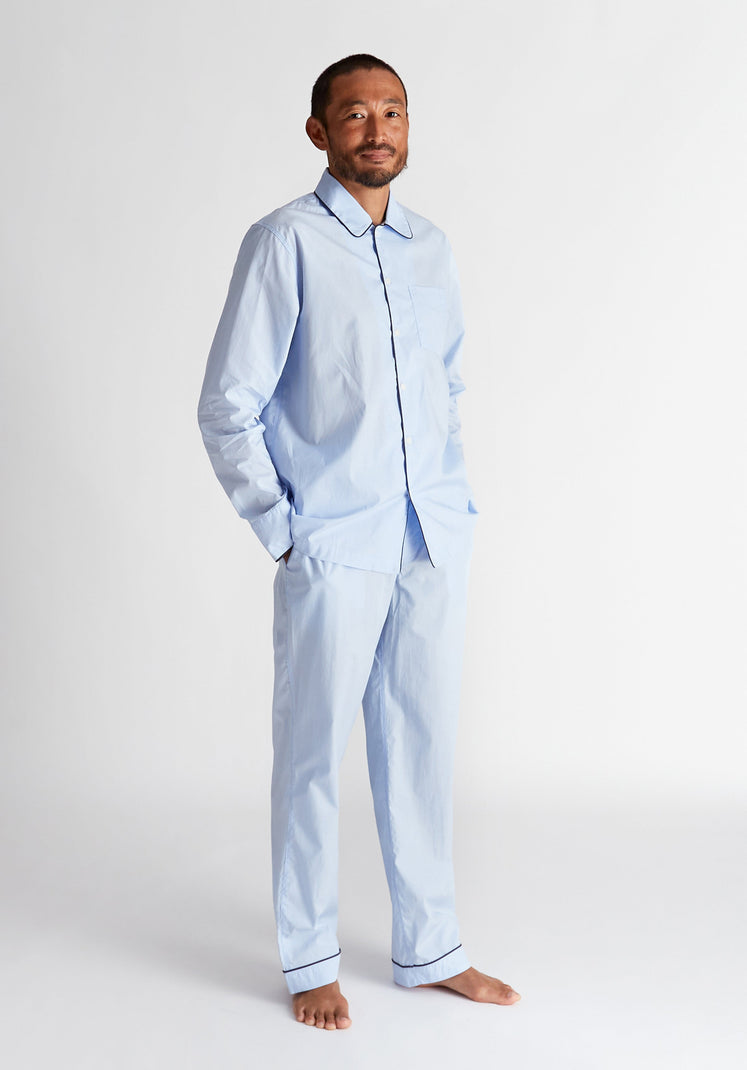 SLEEPY JONES | Henry Pajama Set in End on End Blue with Navy Piping - [product-type]